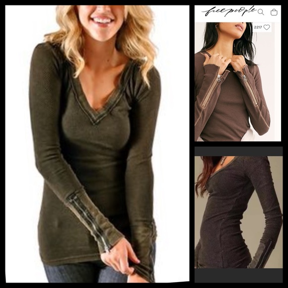 Free People Tops - Free People Charcoal Zipper Cuff Waffle Thermal